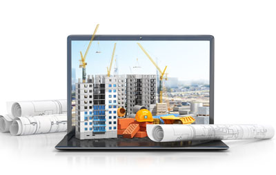 Computer with Construction Project and Blueprints